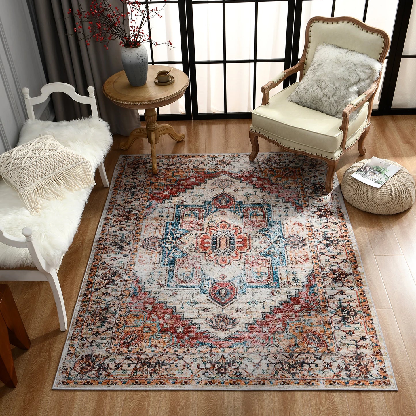 Vintage Bohemian Area Rug for Living Room, Retro Boho Rug Bedroom Indoor Print CarpetLarge Size Rug Kitchen Mat