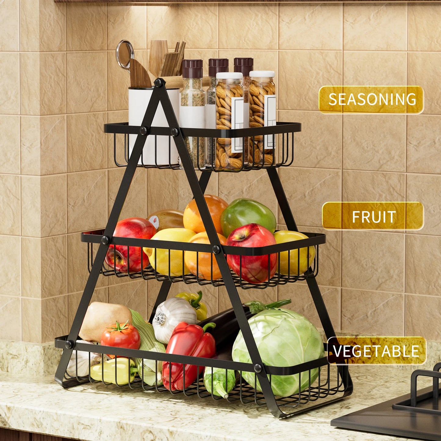 3 Tier Countertop Fruit Basket,Portable Fruit Bowle Basket for Kitchen Organizer Storage,Detachable Metal Rectangle Basket
