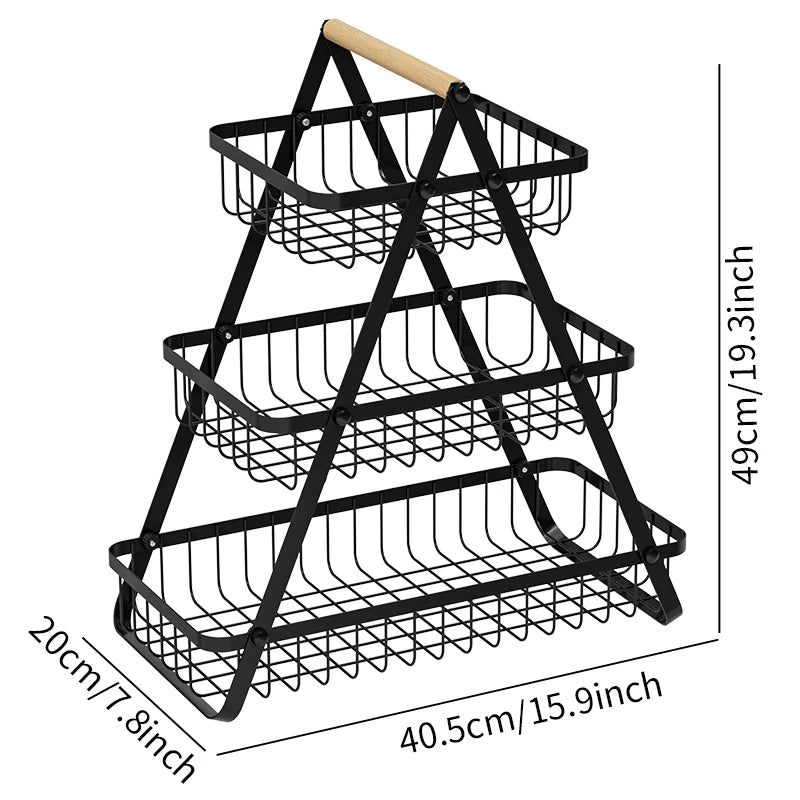 3 Tier Countertop Fruit Basket,Portable Fruit Bowle Basket for Kitchen Organizer Storage,Detachable Metal Rectangle Basket