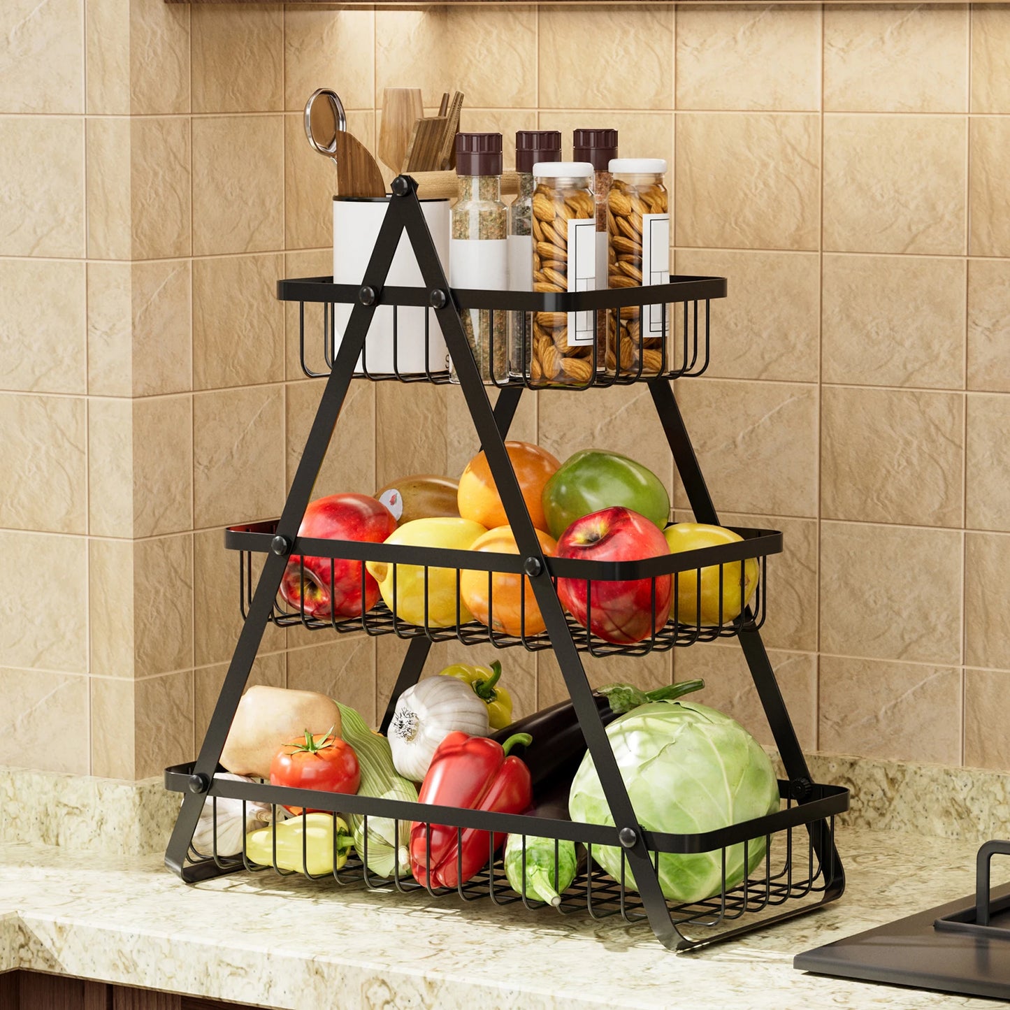 3 Tier Countertop Fruit Basket,Portable Fruit Bowle Basket for Kitchen Organizer Storage,Detachable Metal Rectangle Basket