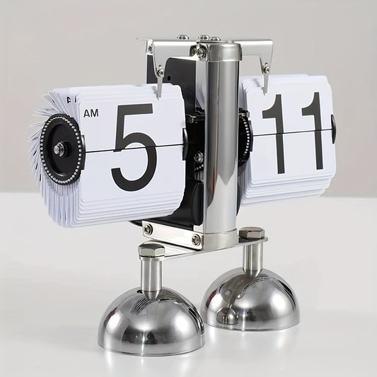 1pc Automatic Page Turning Clock Desk Stainless Steel Flip Digital Clocks Vintage Living Room Home Decor Retro Table Quartz Clocks