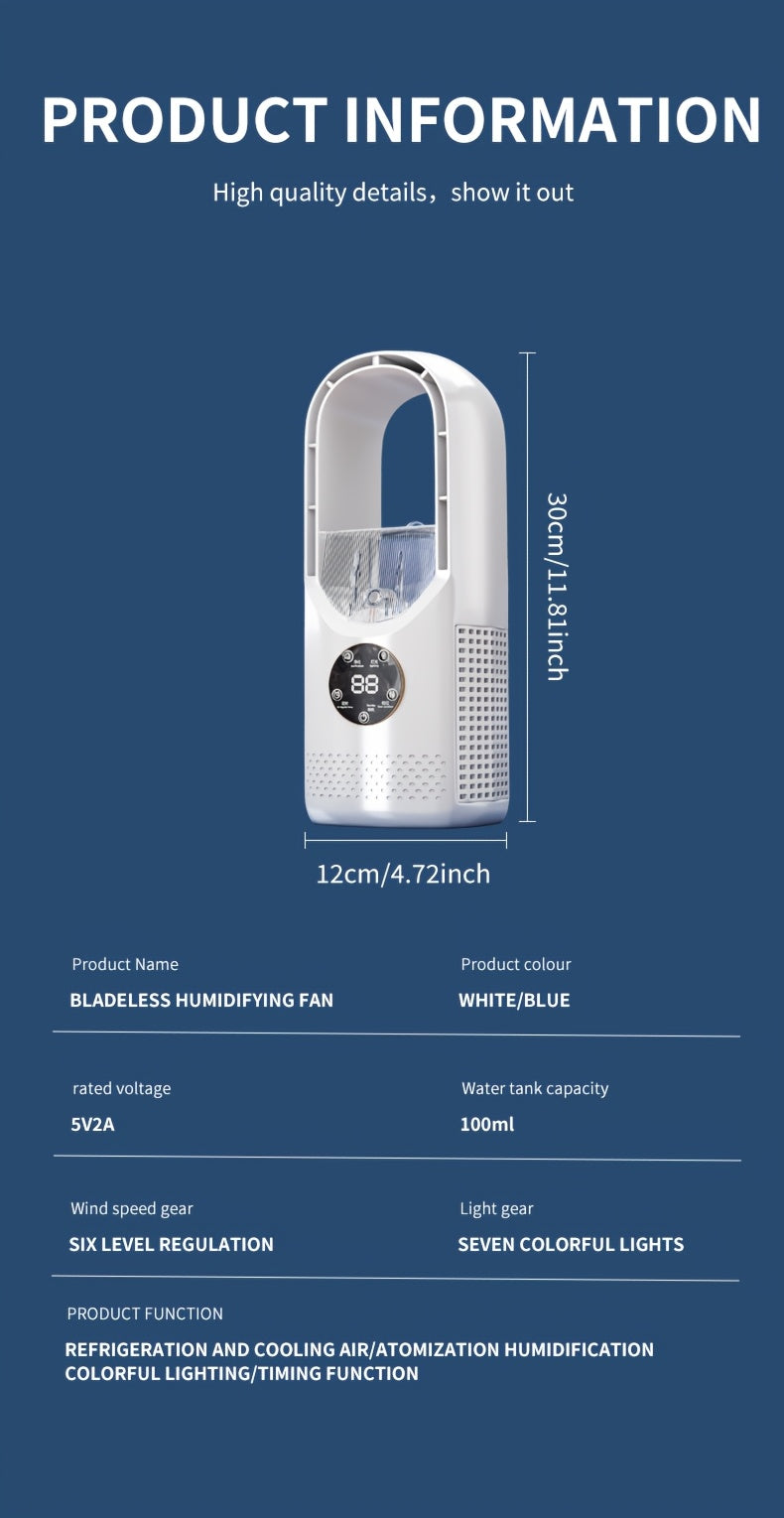 Portable Air Conditioning Fan USB Tower Fan Desktop Bladeless Fan - With Water Mist Cooling, Seven-color LED Ambient Light, Timer And Smart Shutdown - Perfect For Office, Travel, Camping And Home Essentials