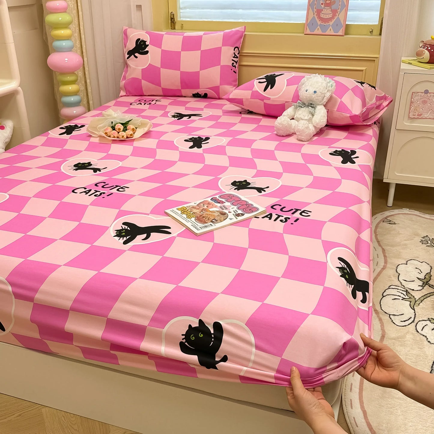 Niedliches Spannbettlaken-Set mit Cartoon-Katze
