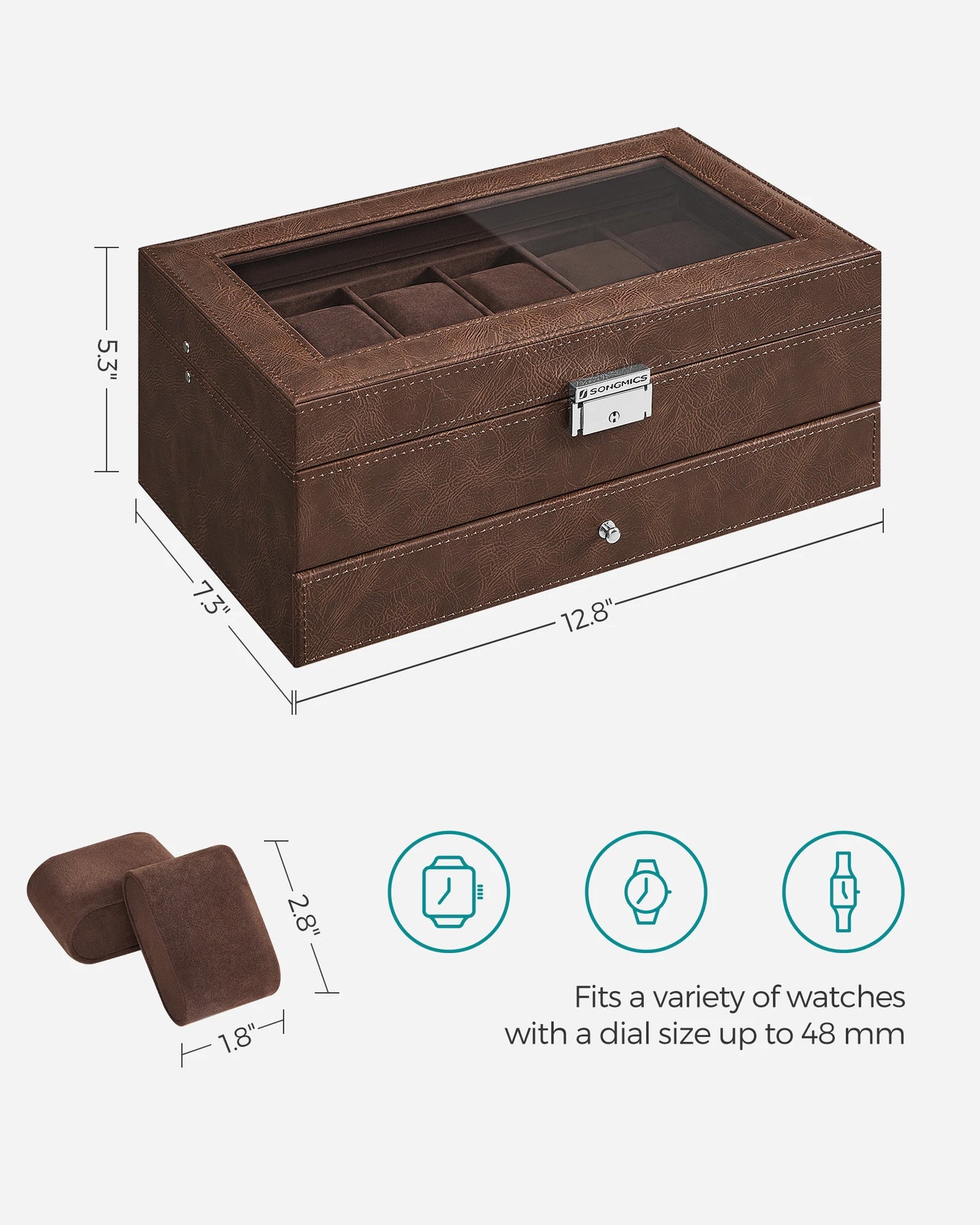 SONGMICS Uhrenbox mit 12 Fächern, abschließbar, mit Glasdeckel, 2 Ebenen und 1 Schublade für Ringe und Armbänder