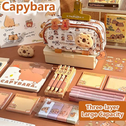 INS Capybara 4-lagige Stifttasche mit großer Kapazität, süßes Cartoon-Federmäppchen und Schreibwaren-Organizer für Studenten