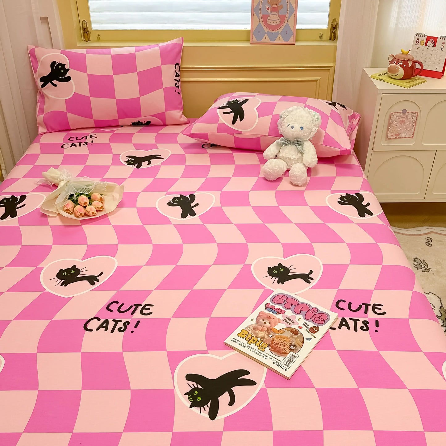 Niedliches Spannbettlaken-Set mit Cartoon-Katze
