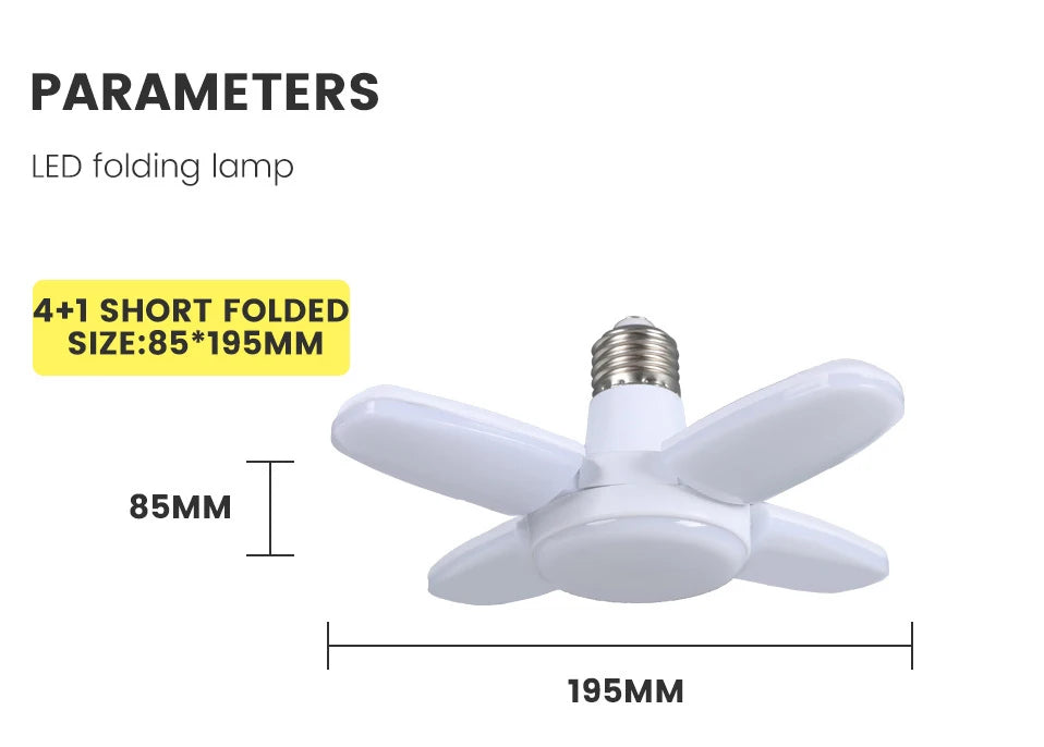 E27 Faltbare LED-Ventilatorbirne 28 W – Verformbare Deckenleuchte mit 40 Perlen für Zuhause, Garage, Lager – 6500 K weißes Licht AC110 V/220 V