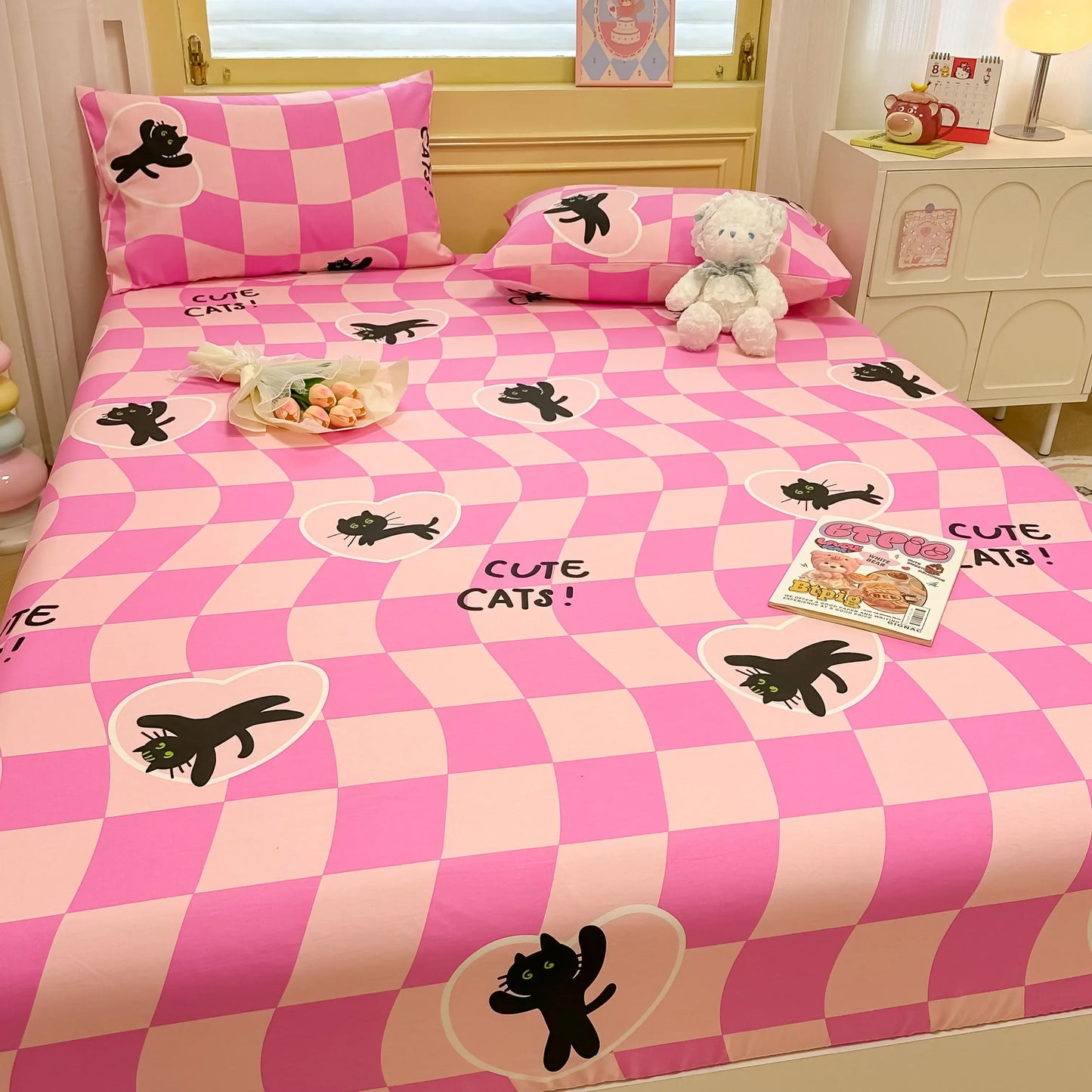 Niedliches Spannbettlaken-Set mit Cartoon-Katze