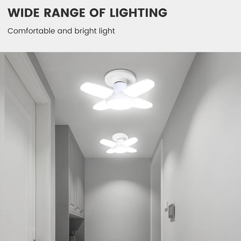 E27 Faltbare LED-Ventilatorbirne 28 W – Verformbare Deckenleuchte mit 40 Perlen für Zuhause, Garage, Lager – 6500 K weißes Licht AC110 V/220 V