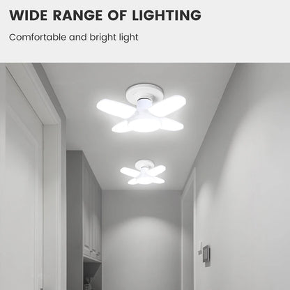 E27 Faltbare LED-Ventilatorbirne 28 W – Verformbare Deckenleuchte mit 40 Perlen für Zuhause, Garage, Lager – 6500 K weißes Licht AC110 V/220 V