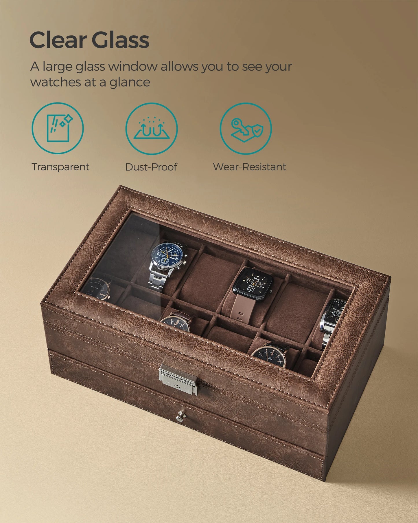 SONGMICS Uhrenbox mit 12 Fächern, abschließbar, mit Glasdeckel, 2 Ebenen und 1 Schublade für Ringe und Armbänder