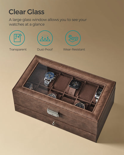 SONGMICS Uhrenbox mit 12 Fächern, abschließbar, mit Glasdeckel, 2 Ebenen und 1 Schublade für Ringe und Armbänder