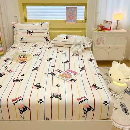 Niedliches Spannbettlaken-Set mit Cartoon-Katze