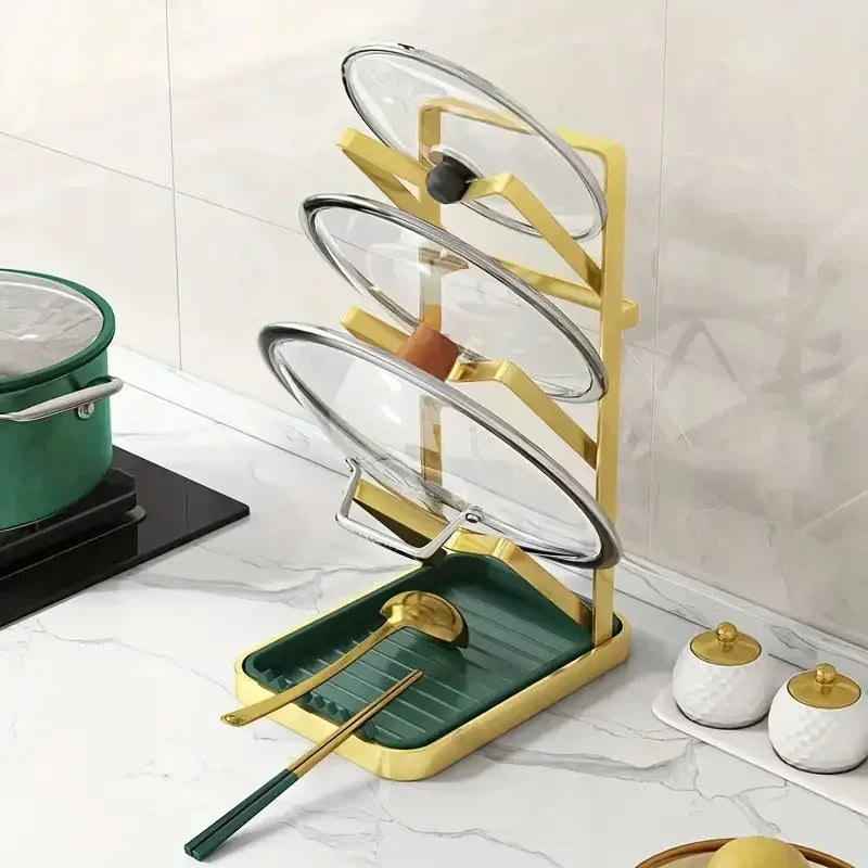 Goldfarbener Deckel-Organizer-Ständer – Topfdeckelhalter für Küchenschränke, Aufbewahrungsregal für Utensilien, Schneidebretter, Spatel und Löffel