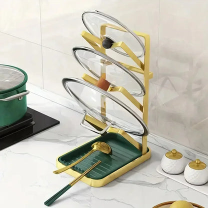 Goldfarbener Deckel-Organizer-Ständer – Topfdeckelhalter für Küchenschränke, Aufbewahrungsregal für Utensilien, Schneidebretter, Spatel und Löffel