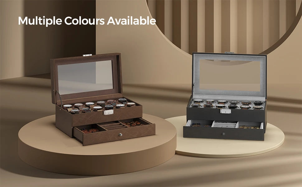 SONGMICS Uhrenbox mit 12 Fächern, abschließbar, mit Glasdeckel, 2 Ebenen und 1 Schublade für Ringe und Armbänder