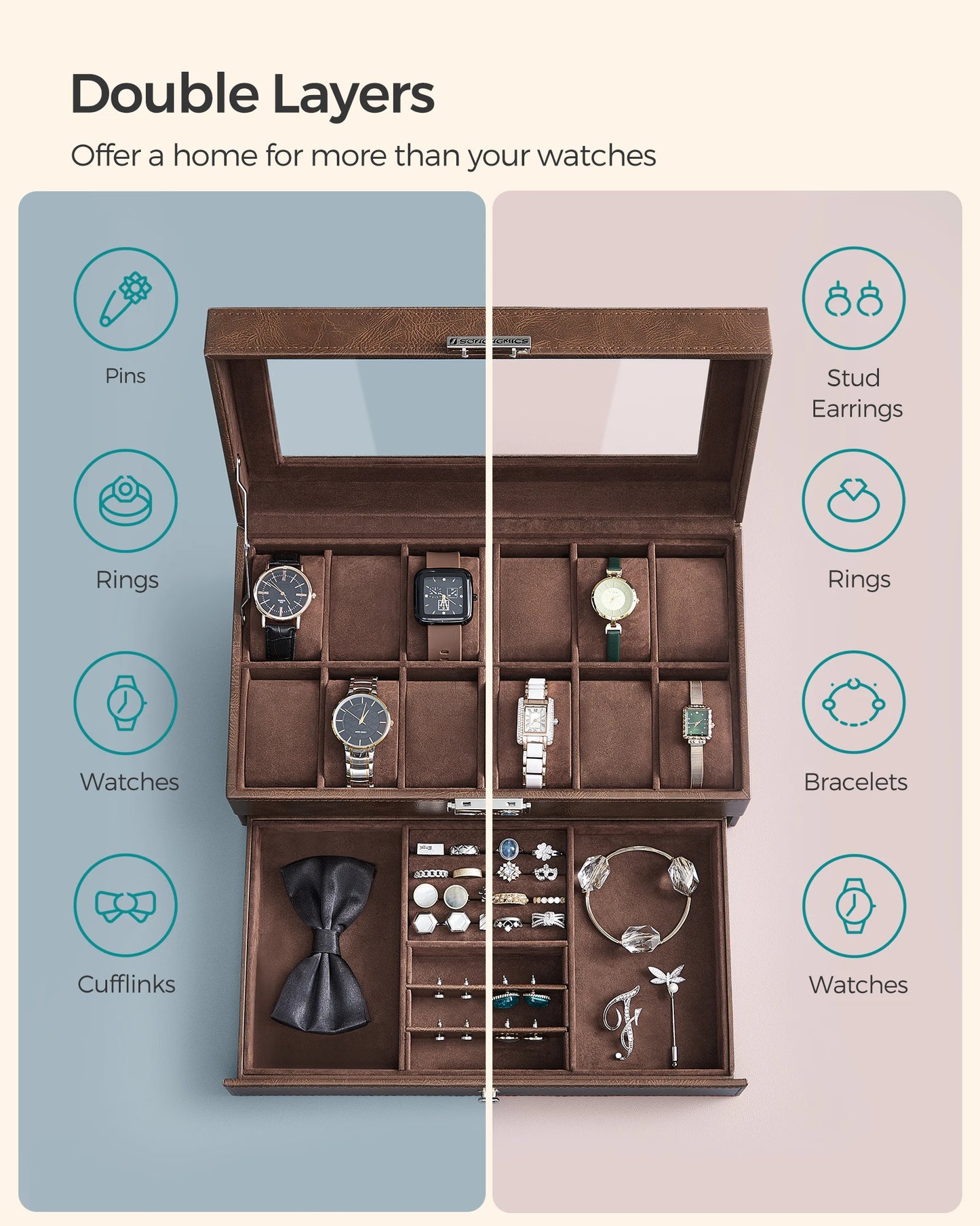 SONGMICS Uhrenbox mit 12 Fächern, abschließbar, mit Glasdeckel, 2 Ebenen und 1 Schublade für Ringe und Armbänder
