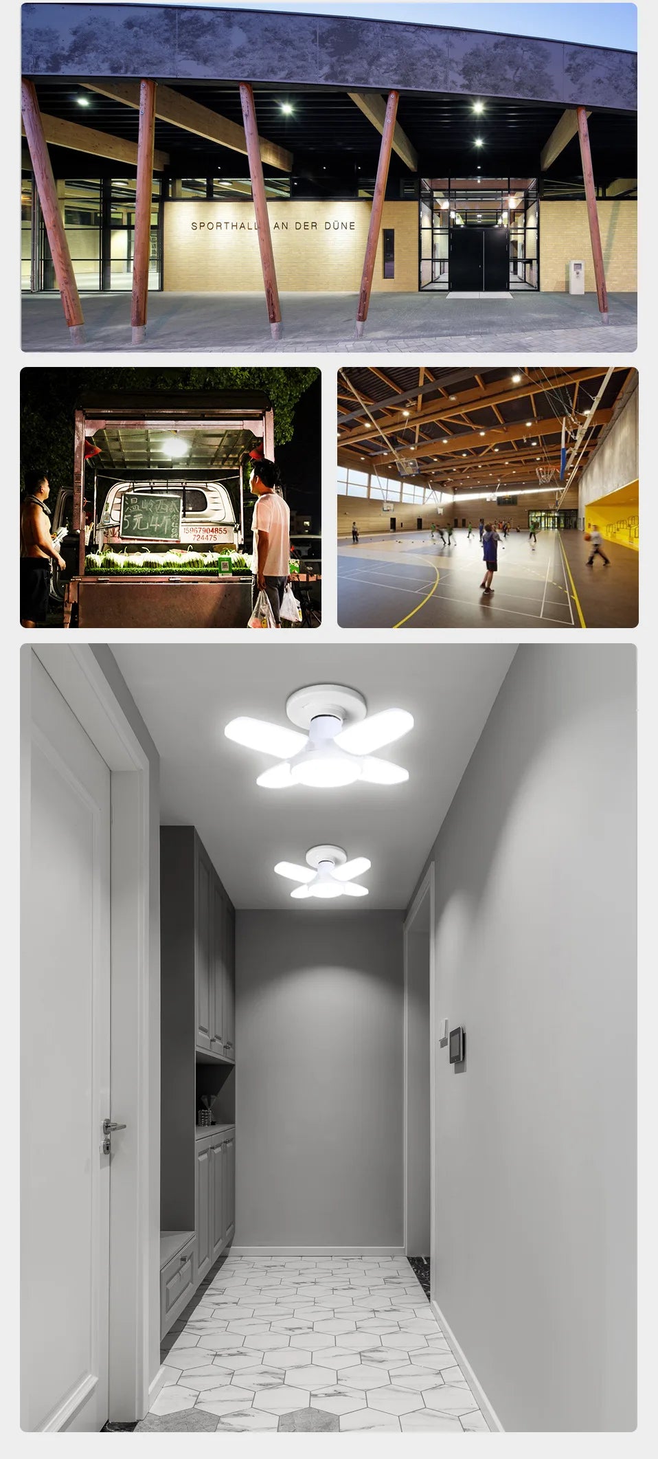 E27 Faltbare LED-Ventilatorbirne 28 W – Verformbare Deckenleuchte mit 40 Perlen für Zuhause, Garage, Lager – 6500 K weißes Licht AC110 V/220 V