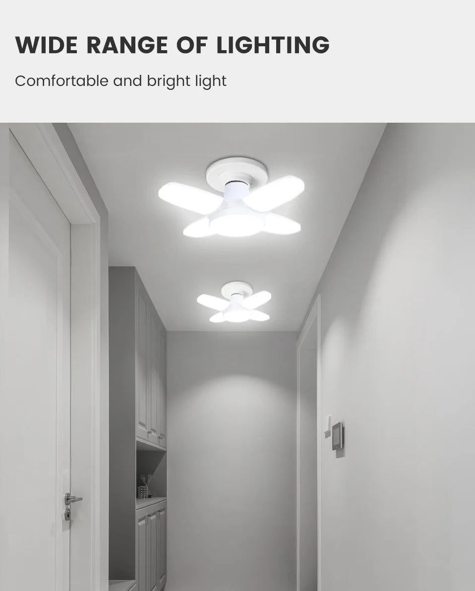 E27 Faltbare LED-Ventilatorbirne 28 W – Verformbare Deckenleuchte mit 40 Perlen für Zuhause, Garage, Lager – 6500 K weißes Licht AC110 V/220 V