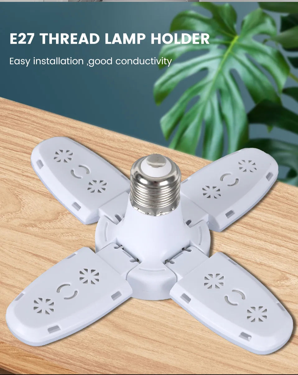 E27 Faltbare LED-Ventilatorbirne 28 W – Verformbare Deckenleuchte mit 40 Perlen für Zuhause, Garage, Lager – 6500 K weißes Licht AC110 V/220 V