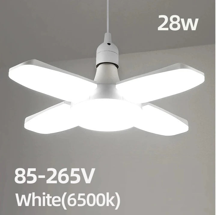 E27 Faltbare LED-Ventilatorbirne 28 W – Verformbare Deckenleuchte mit 40 Perlen für Zuhause, Garage, Lager – 6500 K weißes Licht AC110 V/220 V