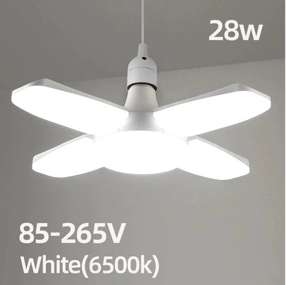 E27 Faltbare LED-Ventilatorbirne 28 W – Verformbare Deckenleuchte mit 40 Perlen für Zuhause, Garage, Lager – 6500 K weißes Licht AC110 V/220 V
