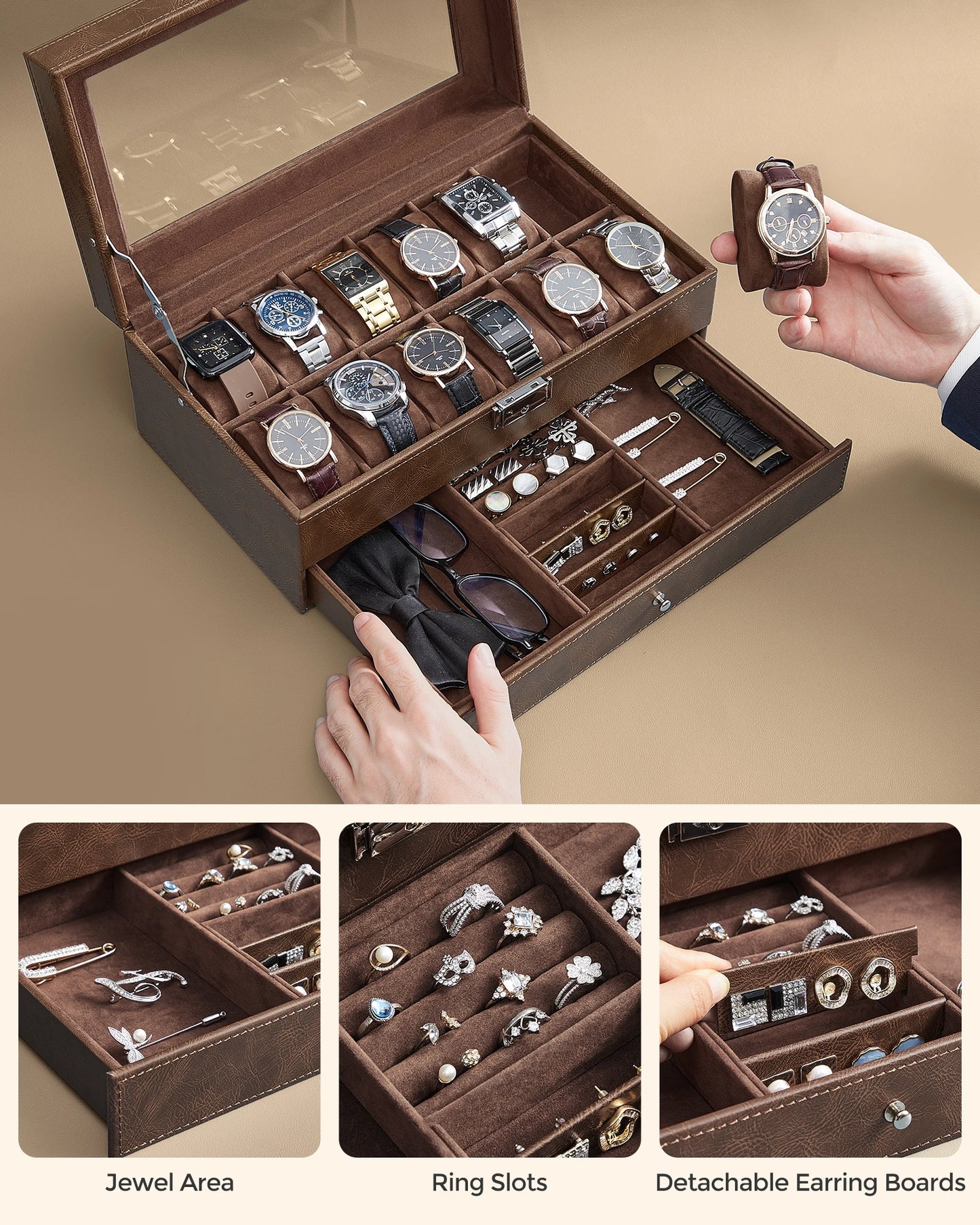 SONGMICS Uhrenbox mit 12 Fächern, abschließbar, mit Glasdeckel, 2 Ebenen und 1 Schublade für Ringe und Armbänder