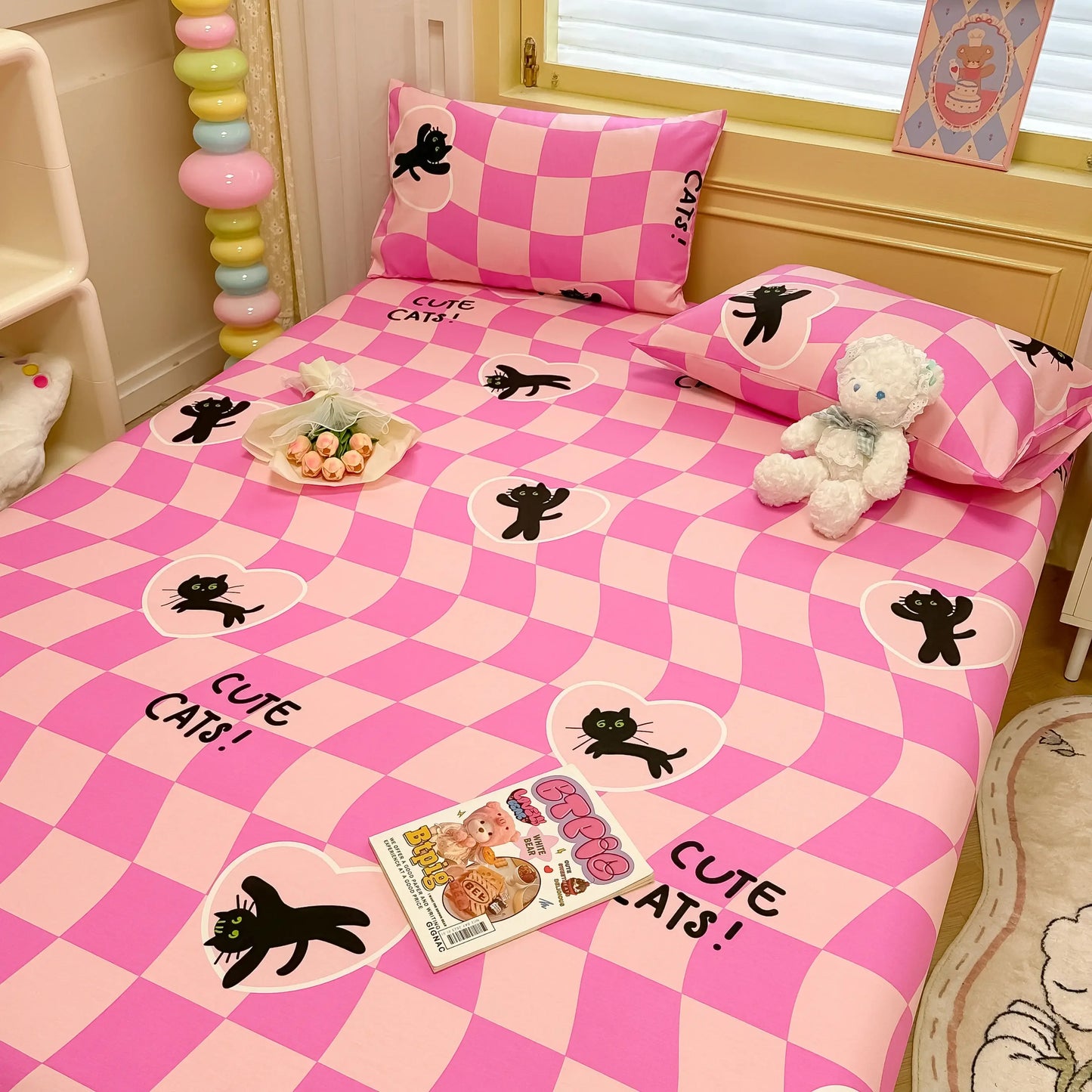 Niedliches Spannbettlaken-Set mit Cartoon-Katze