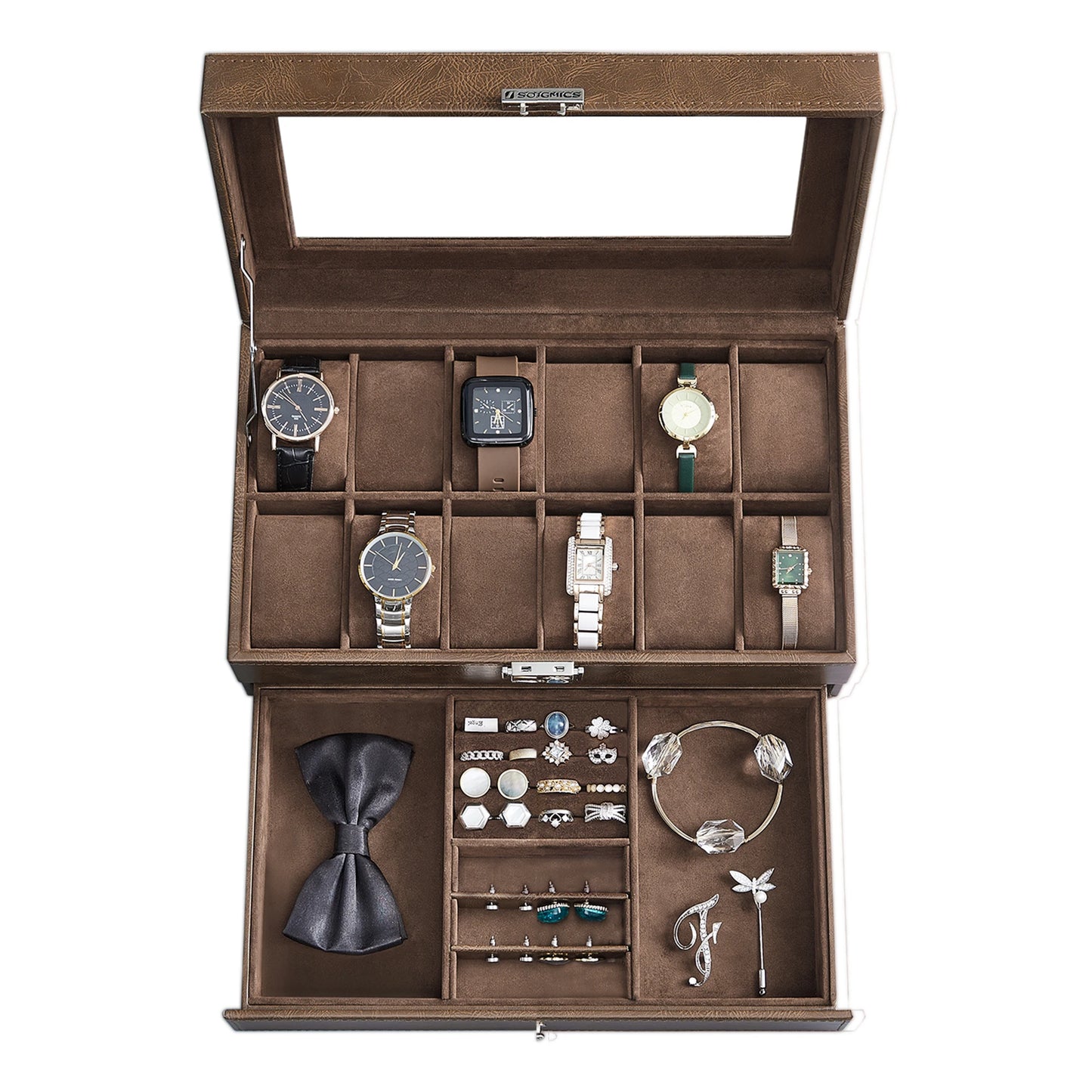 SONGMICS Uhrenbox mit 12 Fächern, abschließbar, mit Glasdeckel, 2 Ebenen und 1 Schublade für Ringe und Armbänder