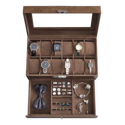 SONGMICS Uhrenbox mit 12 Fächern, abschließbar, mit Glasdeckel, 2 Ebenen und 1 Schublade für Ringe und Armbänder