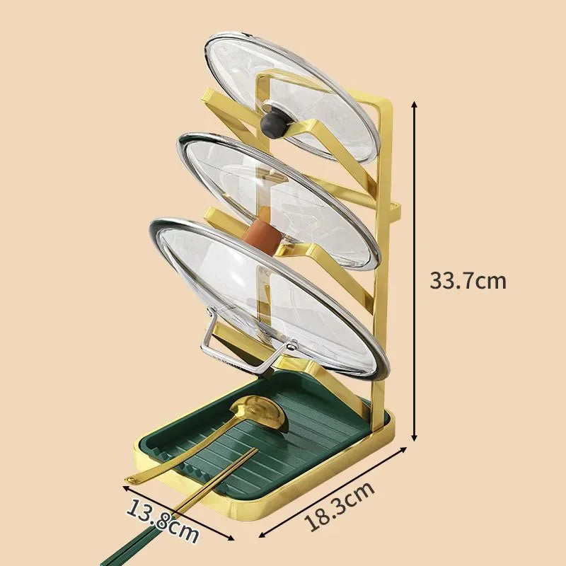 Goldfarbener Deckel-Organizer-Ständer – Topfdeckelhalter für Küchenschränke, Aufbewahrungsregal für Utensilien, Schneidebretter, Spatel und Löffel