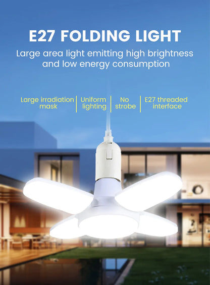 E27 Faltbare LED-Ventilatorbirne 28 W – Verformbare Deckenleuchte mit 40 Perlen für Zuhause, Garage, Lager – 6500 K weißes Licht AC110 V/220 V