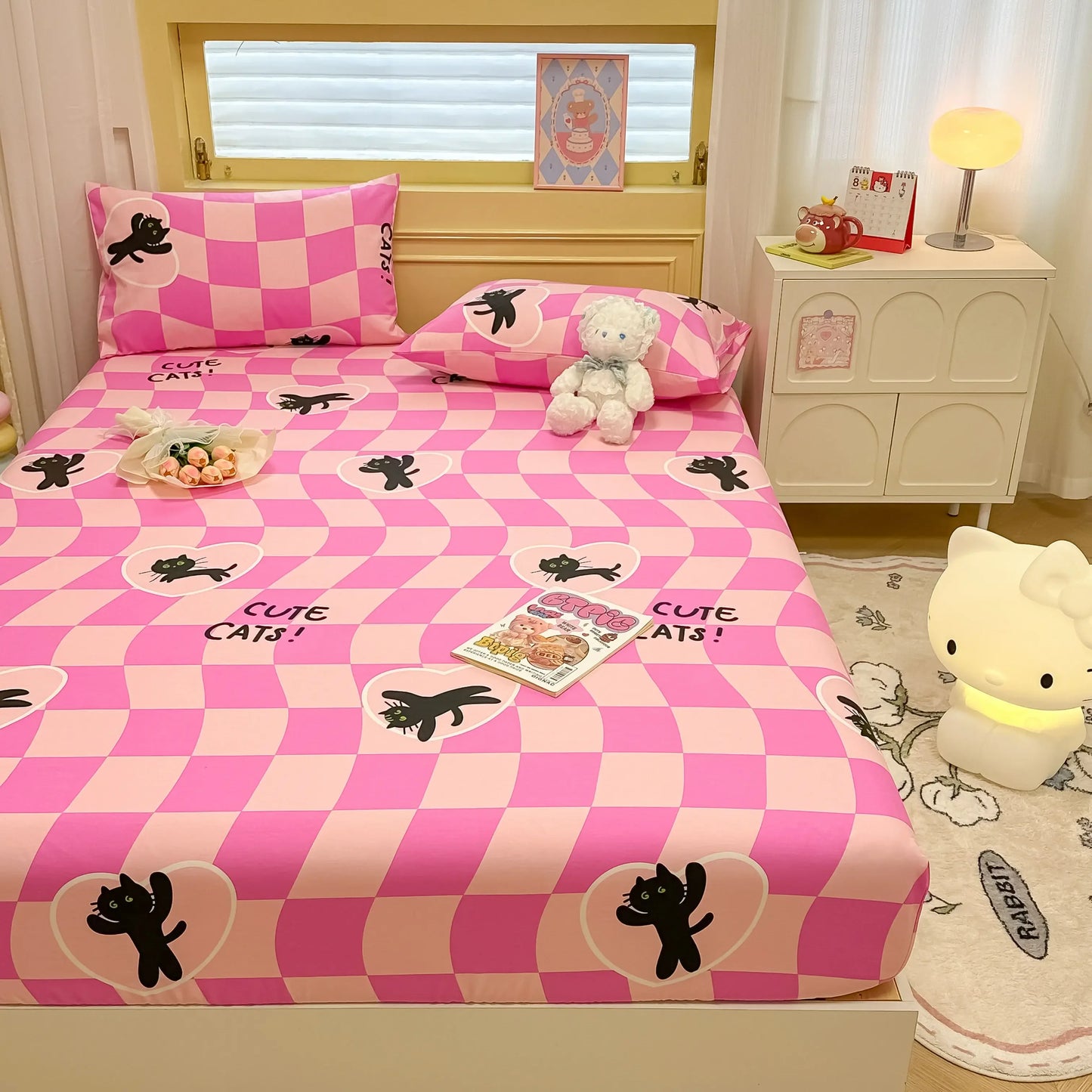 Niedliches Spannbettlaken-Set mit Cartoon-Katze