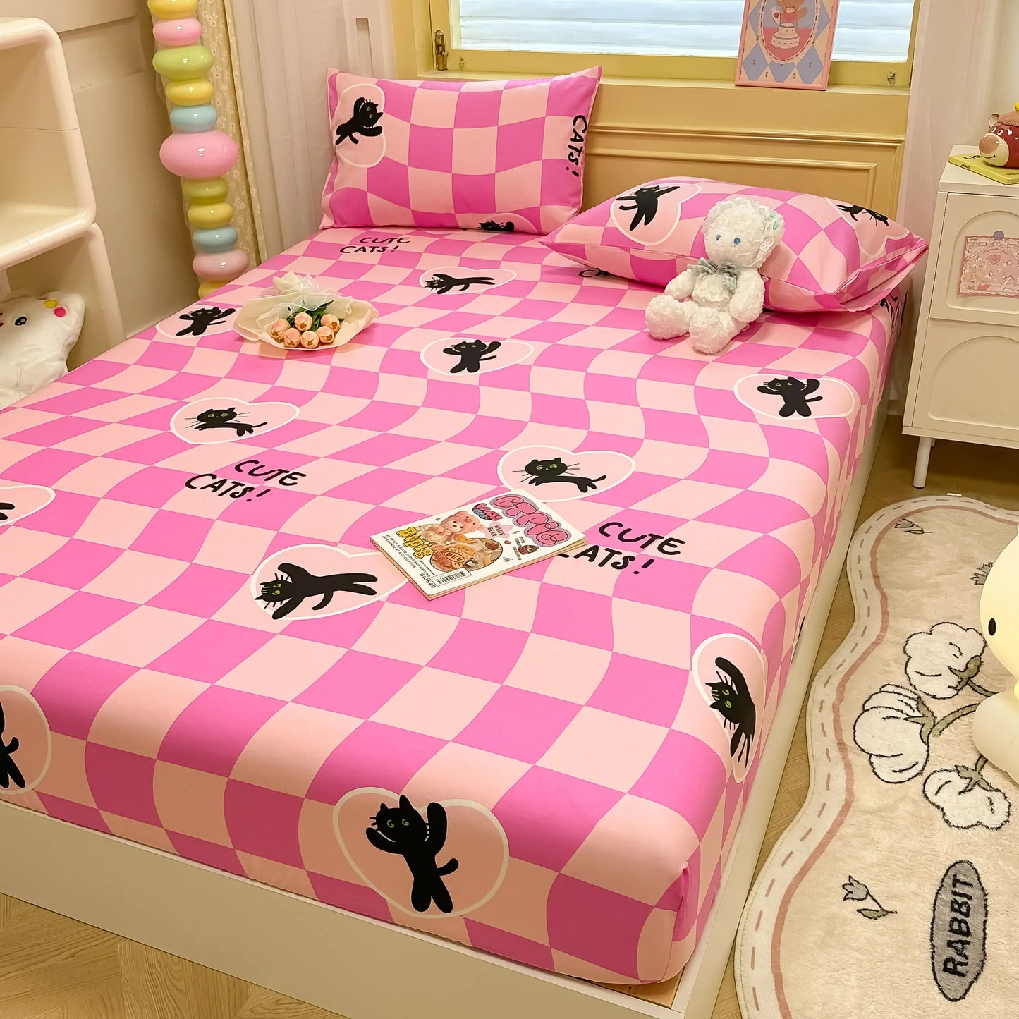 Niedliches Spannbettlaken-Set mit Cartoon-Katze