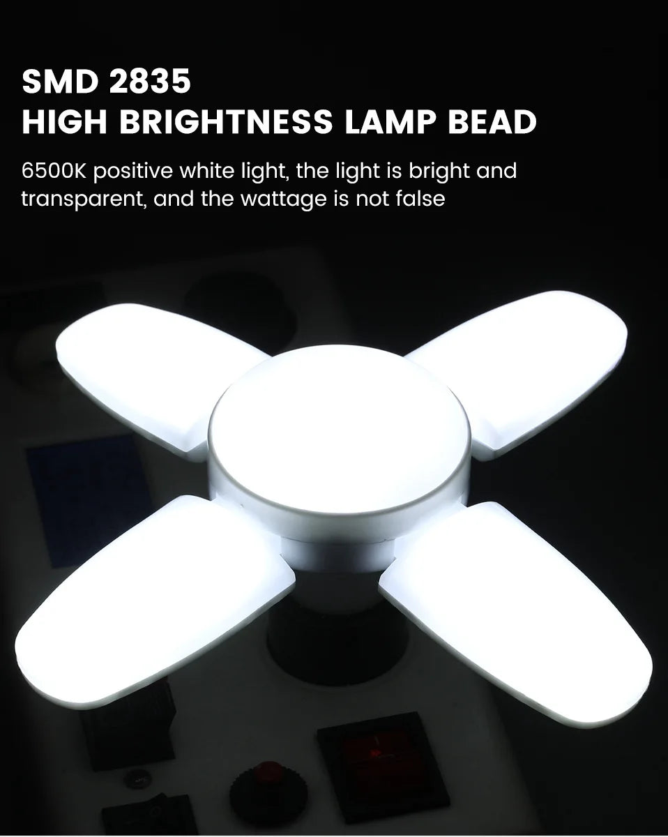 E27 Faltbare LED-Ventilatorbirne 28 W – Verformbare Deckenleuchte mit 40 Perlen für Zuhause, Garage, Lager – 6500 K weißes Licht AC110 V/220 V