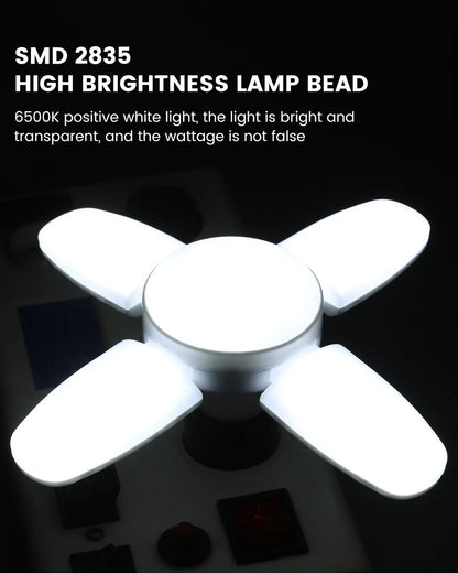 E27 Faltbare LED-Ventilatorbirne 28 W – Verformbare Deckenleuchte mit 40 Perlen für Zuhause, Garage, Lager – 6500 K weißes Licht AC110 V/220 V
