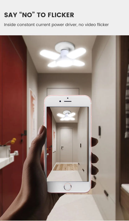 E27 Faltbare LED-Ventilatorbirne 28 W – Verformbare Deckenleuchte mit 40 Perlen für Zuhause, Garage, Lager – 6500 K weißes Licht AC110 V/220 V